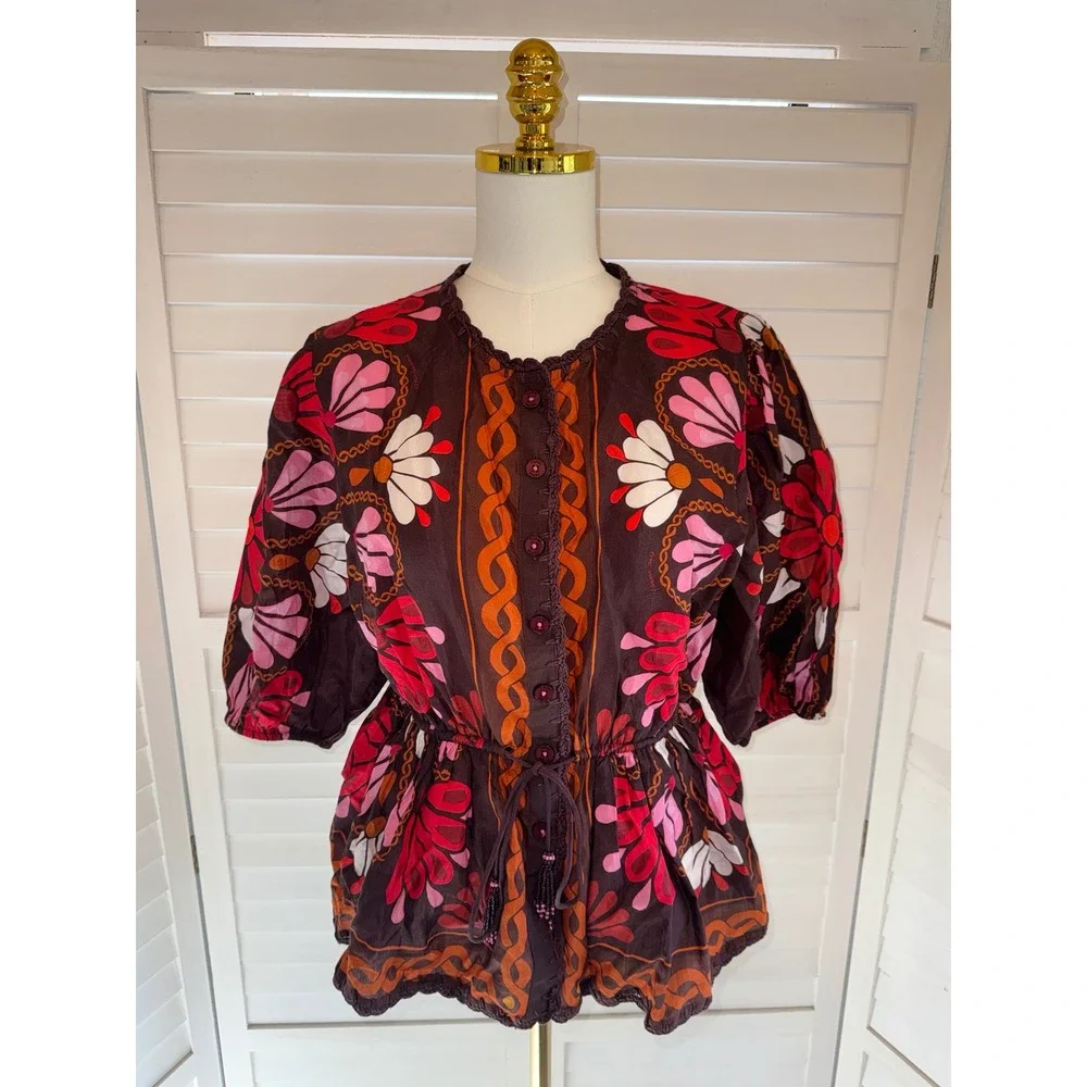 Farm Rio Blouse Womens Medium Brown Pink Floral Puff Sleeve Drawstring Top M